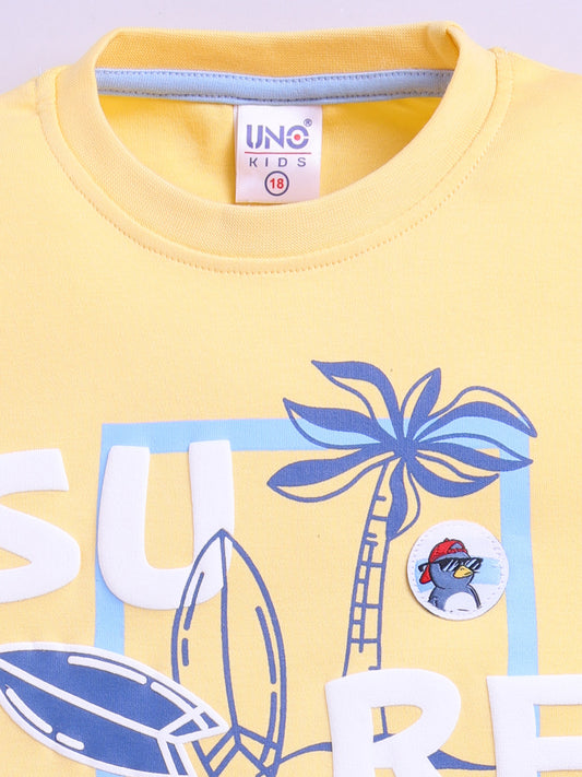 Yellow Printed T-Shirt Pant Set for Boys by Uno Kids