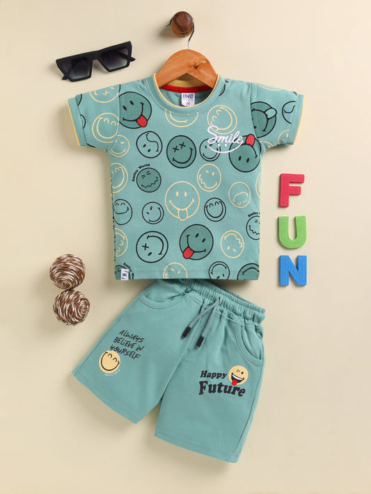 Green Printed T-Shirt Pant Set for Boys by Uno Kids
