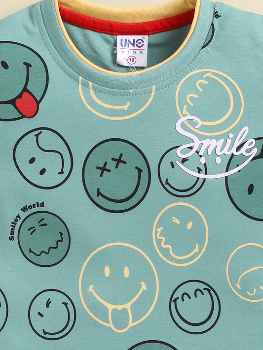 Green Printed T-Shirt Pant Set for Boys by Uno Kids