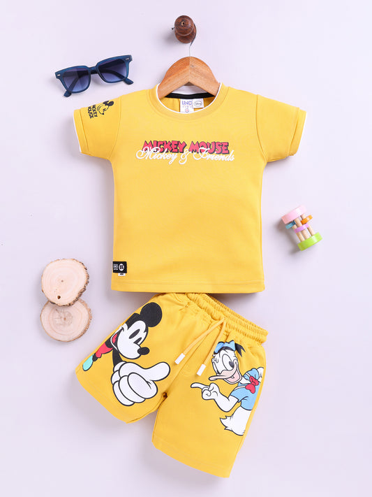 Yellow Micky Printed T-Shirt Pant Set for Boys by Uno Kids