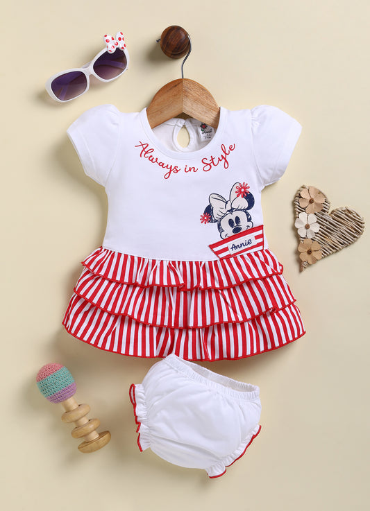 Red Micky Printed Frock Panty Set for Girls by Annie