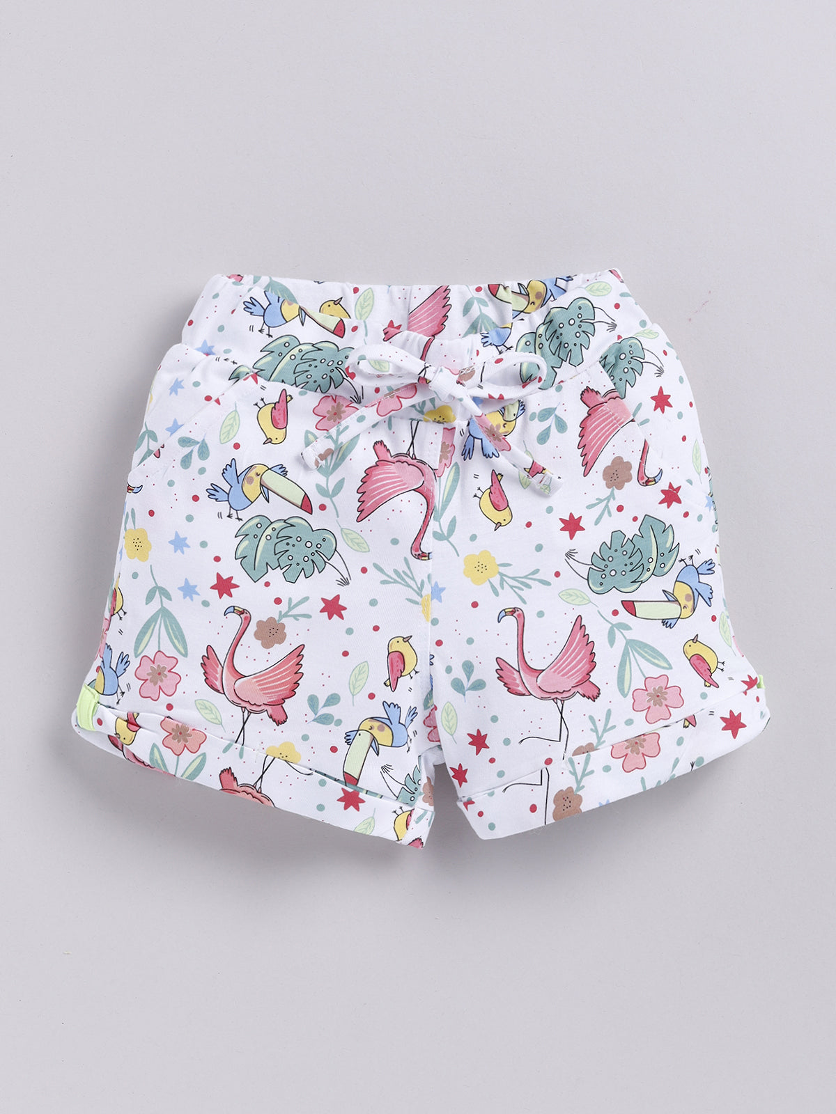 White-Pink Flamingo Printed Shorts for Girls by Biskid