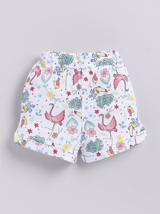 White-Pink Flamingo Printed Shorts for Girls by Biskid