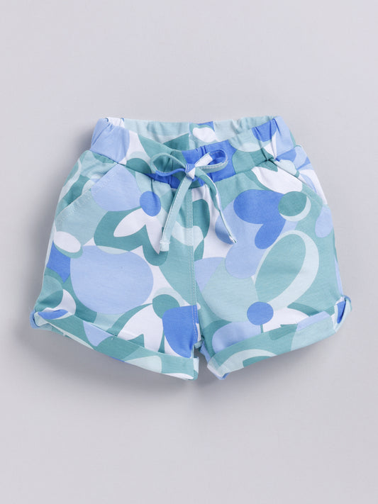 White-Blue Foral  Printed Shorts for Girls by Biskid
