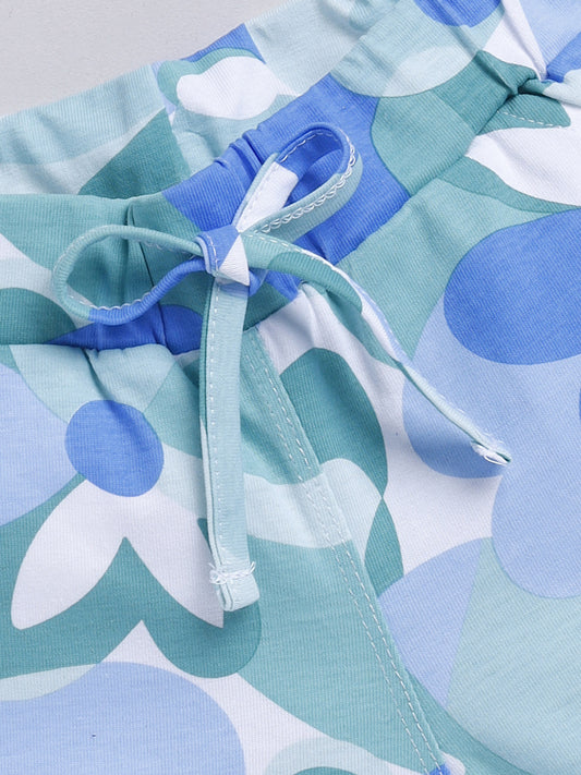 White-Blue Foral  Printed Shorts for Girls by Biskid