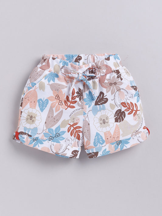 White-Brown Leaf Printed Shorts for Girls by Biskid