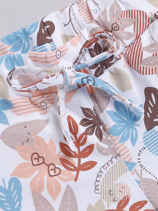 White-Brown Leaf Printed Shorts for Girls by Biskid