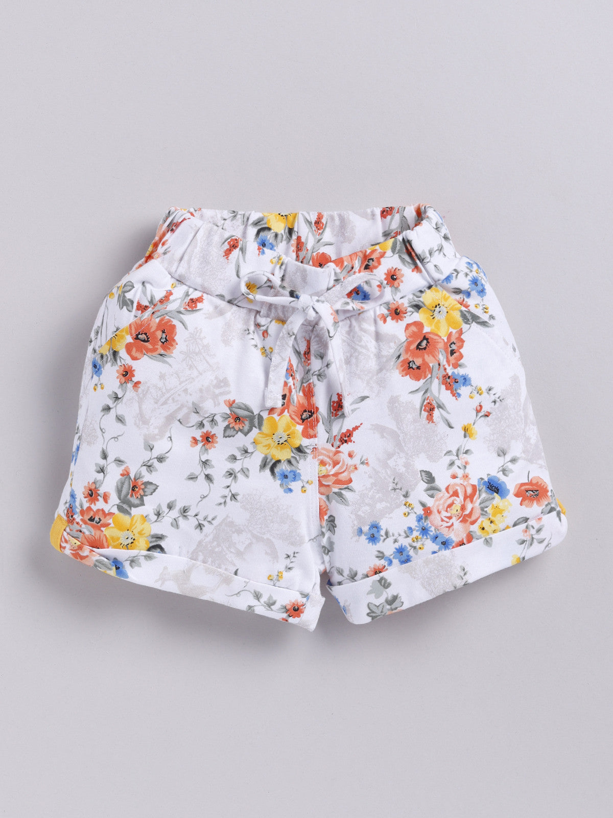 White-Orange Multi Colour Foral Printed Shorts for Girls by Biskid