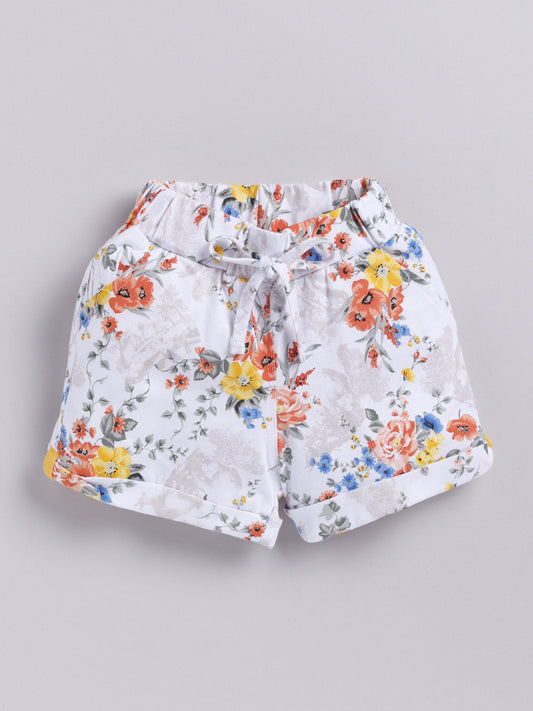 White-Orange Multi Colour Foral Printed Shorts for Girls by Biskid