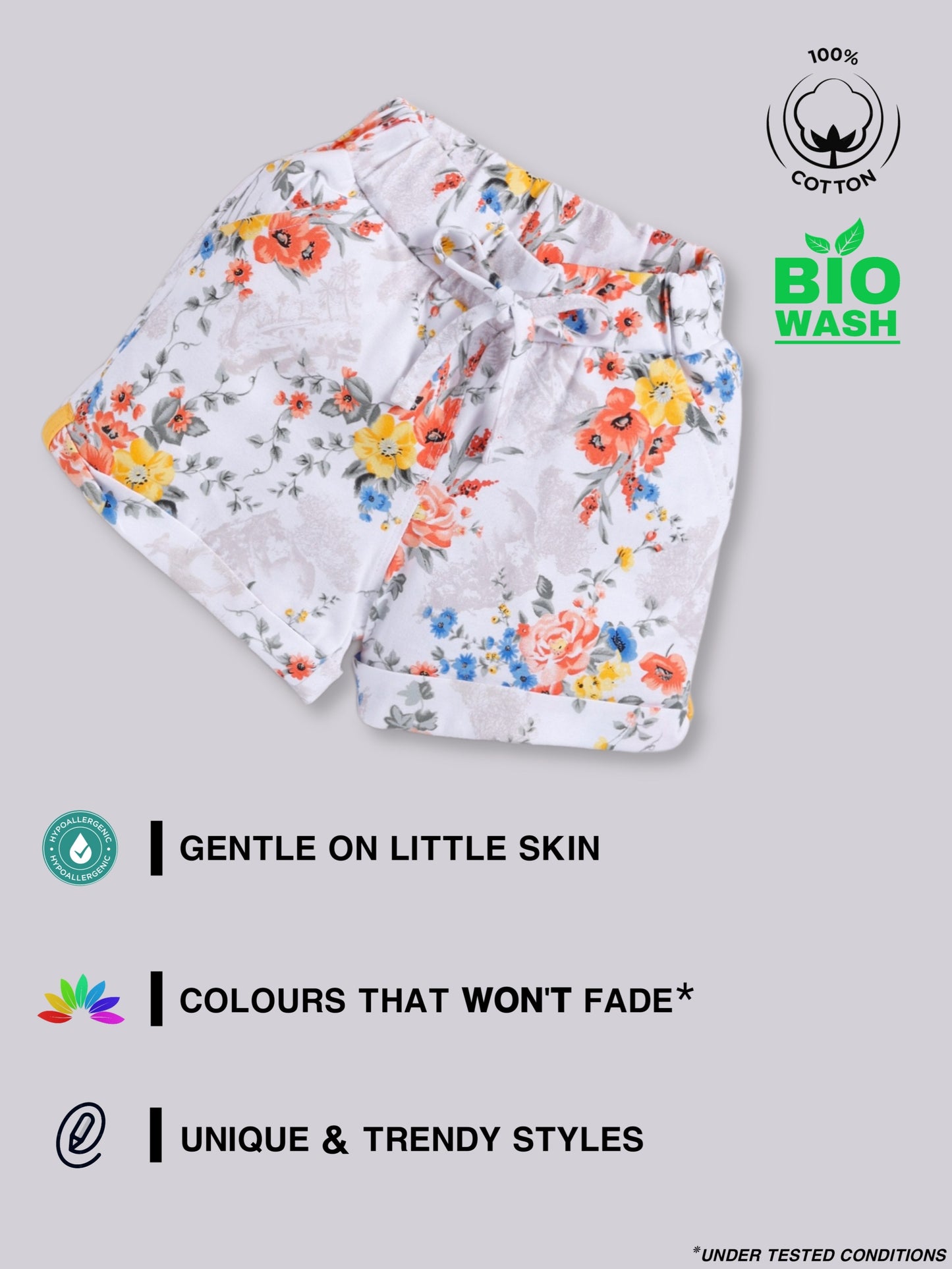 White-Orange Multi Colour Foral Printed Shorts for Girls by Biskid