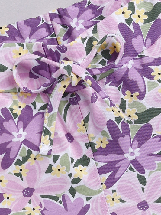 White-Purple Foral  Printed Shorts for Girls by Biskid