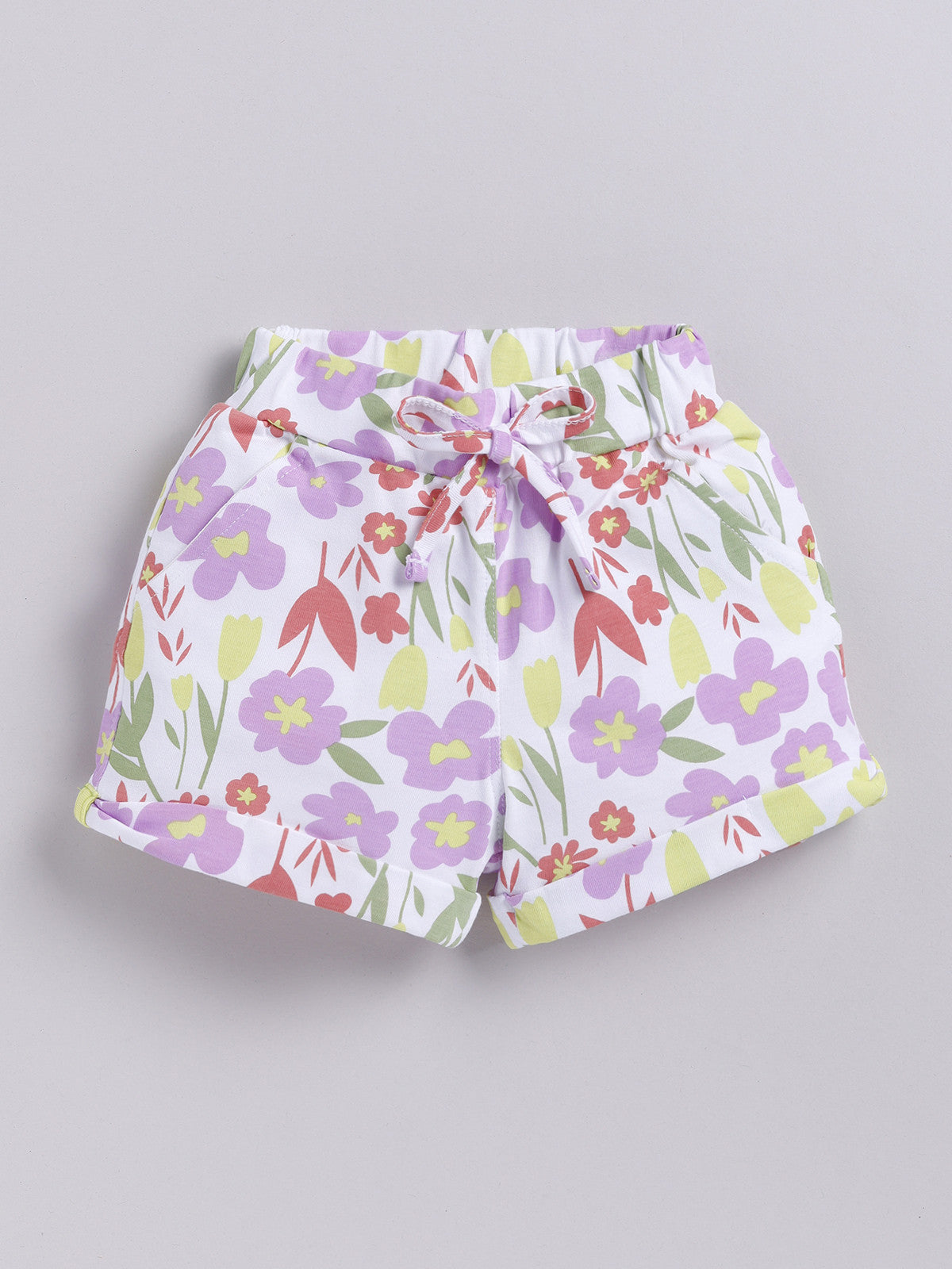 White-Violet Foral  Printed Shorts for Girls by Biskid