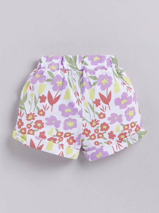 White-Violet Foral  Printed Shorts for Girls by Biskid