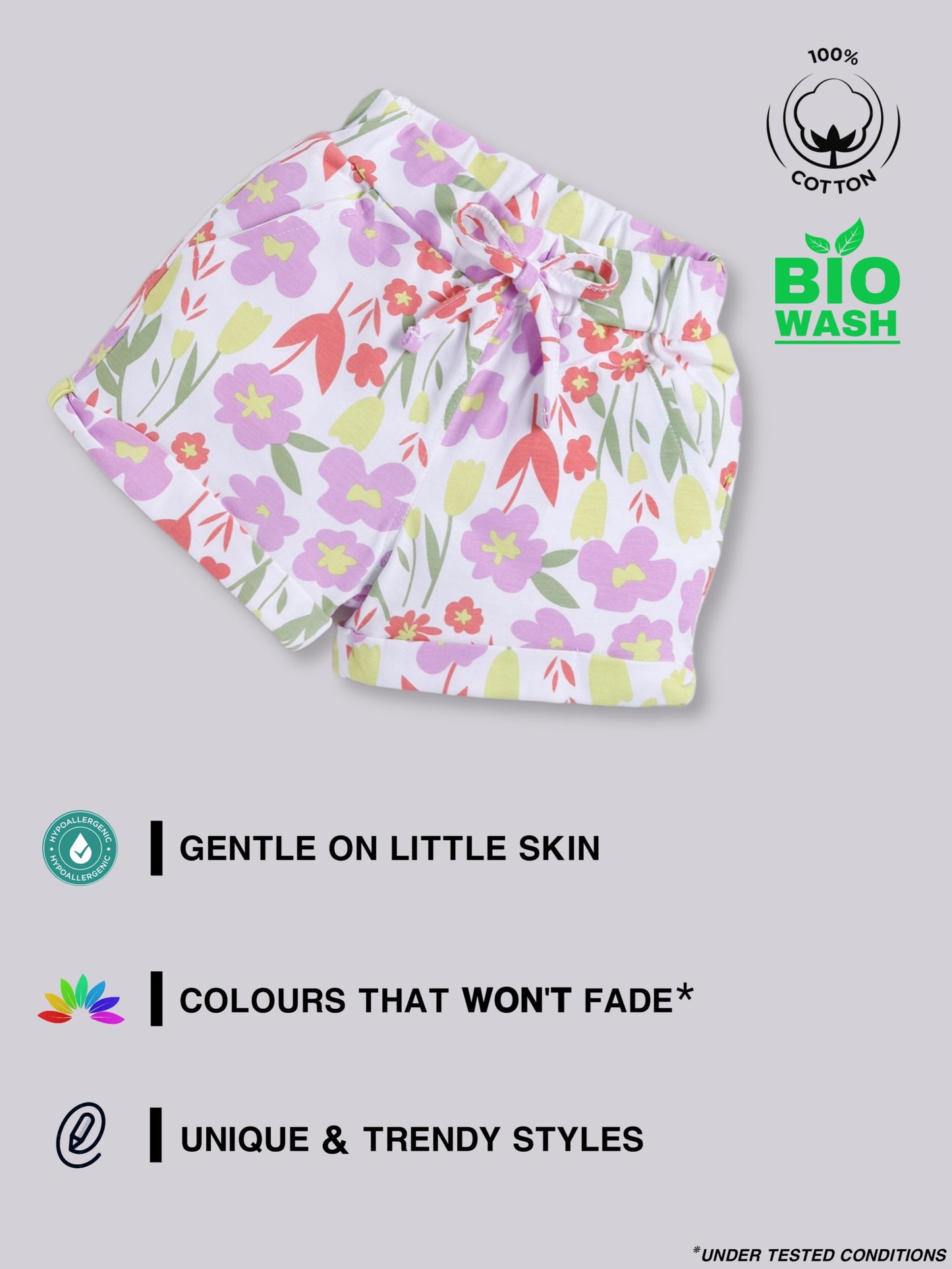 White-Violet Foral  Printed Shorts for Girls by Biskid