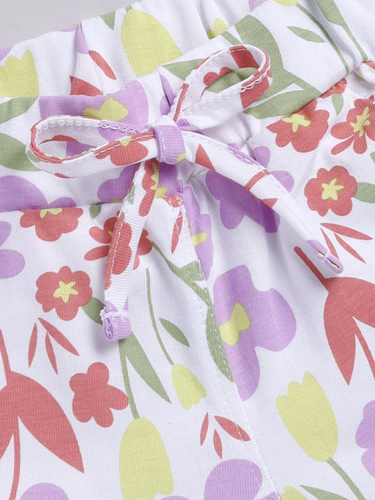 White-Violet Foral  Printed Shorts for Girls by Biskid