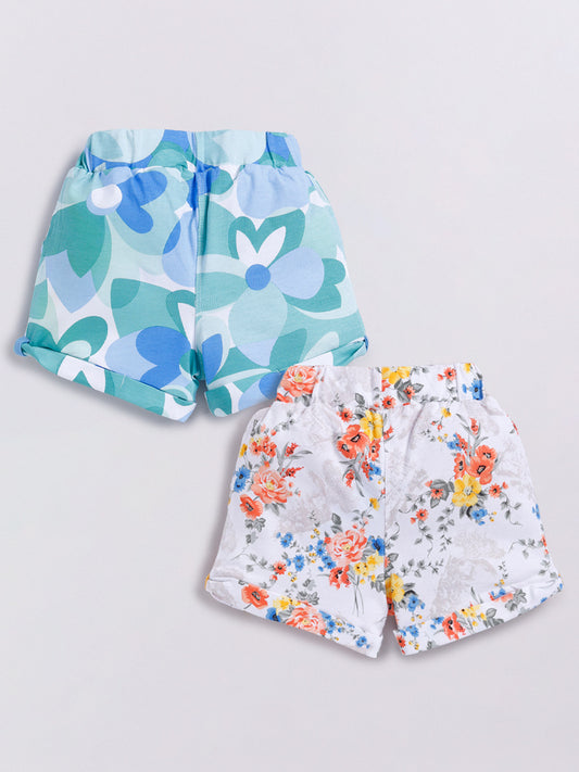 White Blue & White Orange Multi Colour Foral Printed Shorts for Girls by Biskid
