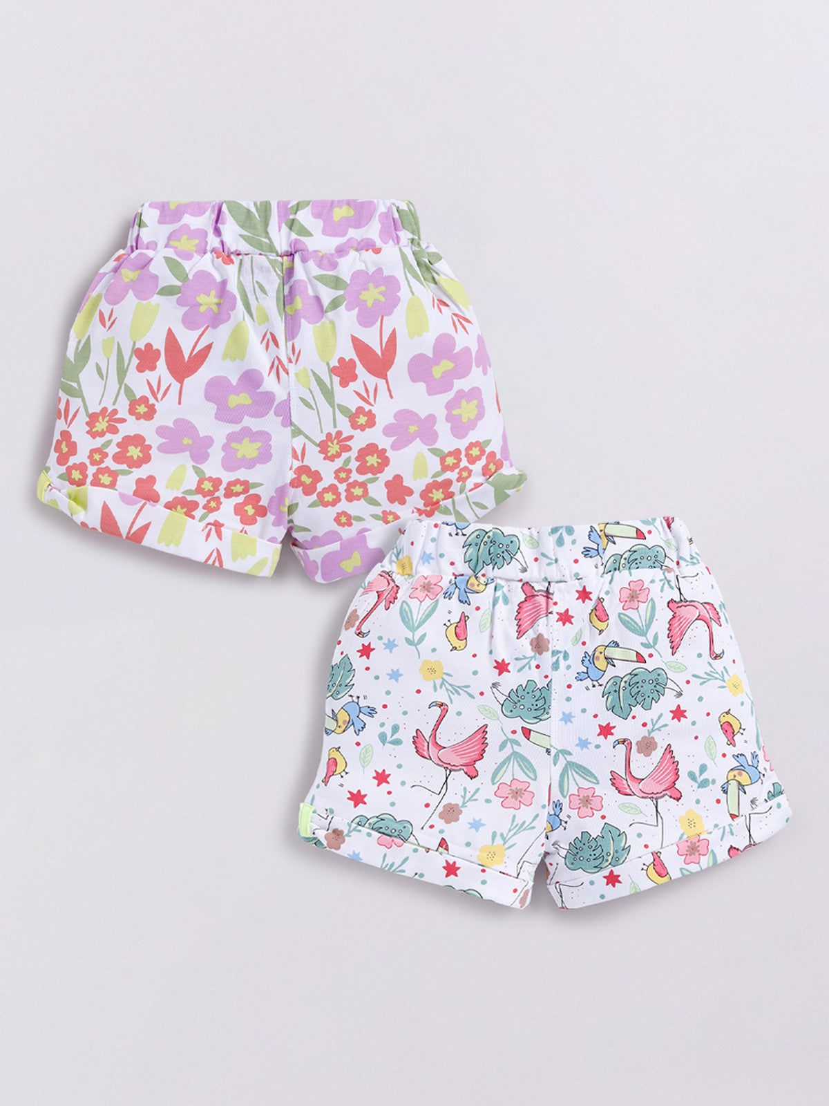 White Pink & White Violet Flamingo & Foral Printed Shorts for Girls by Biskid