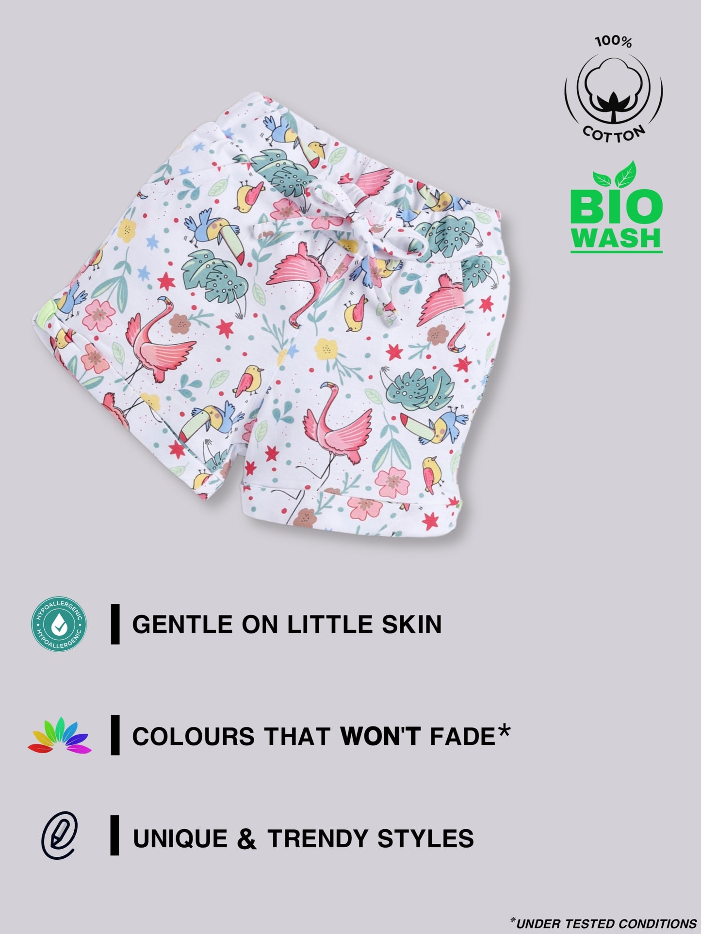 White Pink & White Violet Flamingo & Foral Printed Shorts for Girls by Biskid