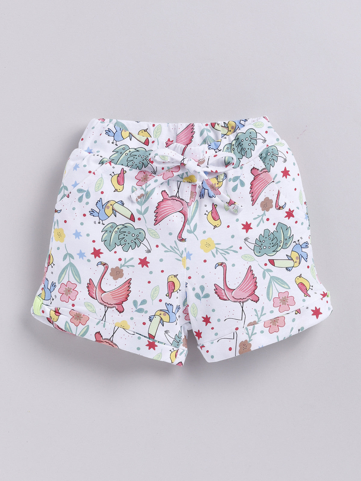 White Pink & White Violet Flamingo & Foral Printed Shorts for Girls by Biskid