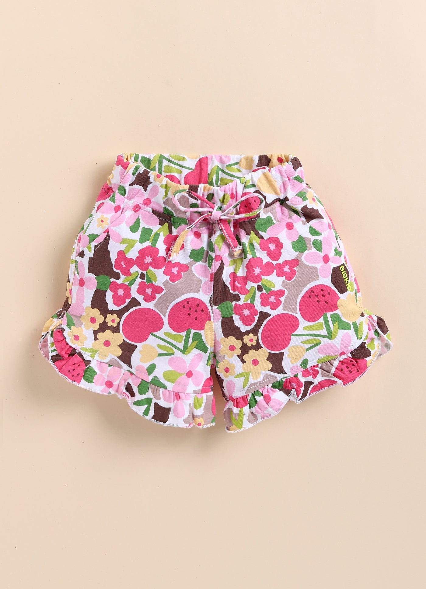 Biskid White & Pink Floral Ruffle Hem Summer Shorts for Girls