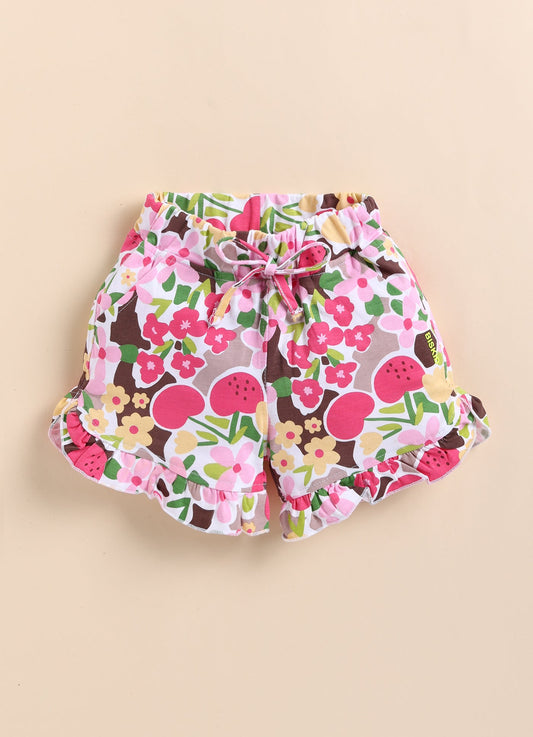 Biskid White & Pink Floral Ruffle Hem Summer Shorts for Girls