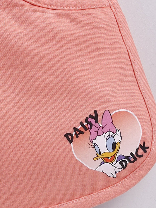 Peach Donald Duck Solid Shorts for Girls by Biskid