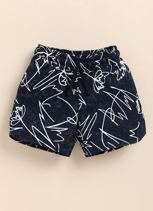 Image file 1409-Black.jpg showing a pair of Biskid brand black shorts with an elastic drawstring waistband, covered in a bold white abstract floral line-art print, and featuring a small "BISKID" brand tag on the side.