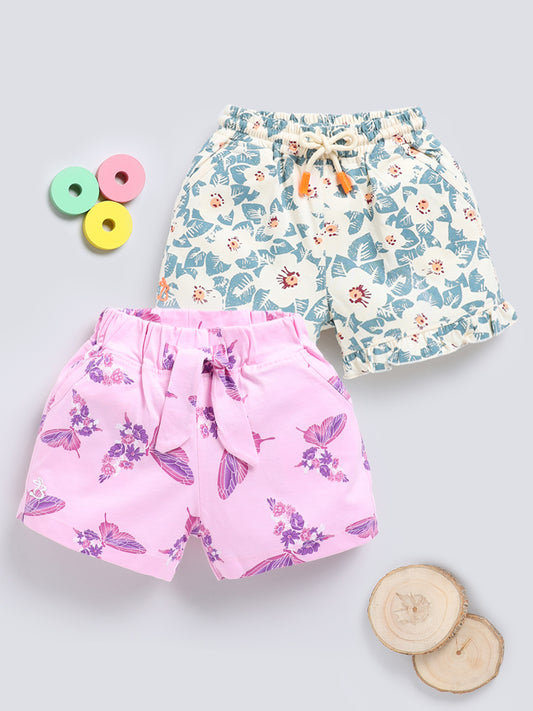 Beige Blue & Brown Printed Shorts for Girls by Biskid