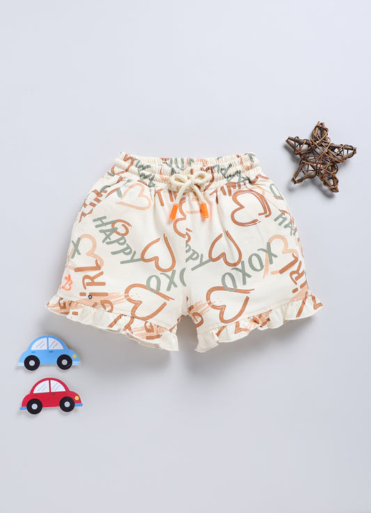 Beige&Brown Love Shape Printed Shorts for Girls by Biskid