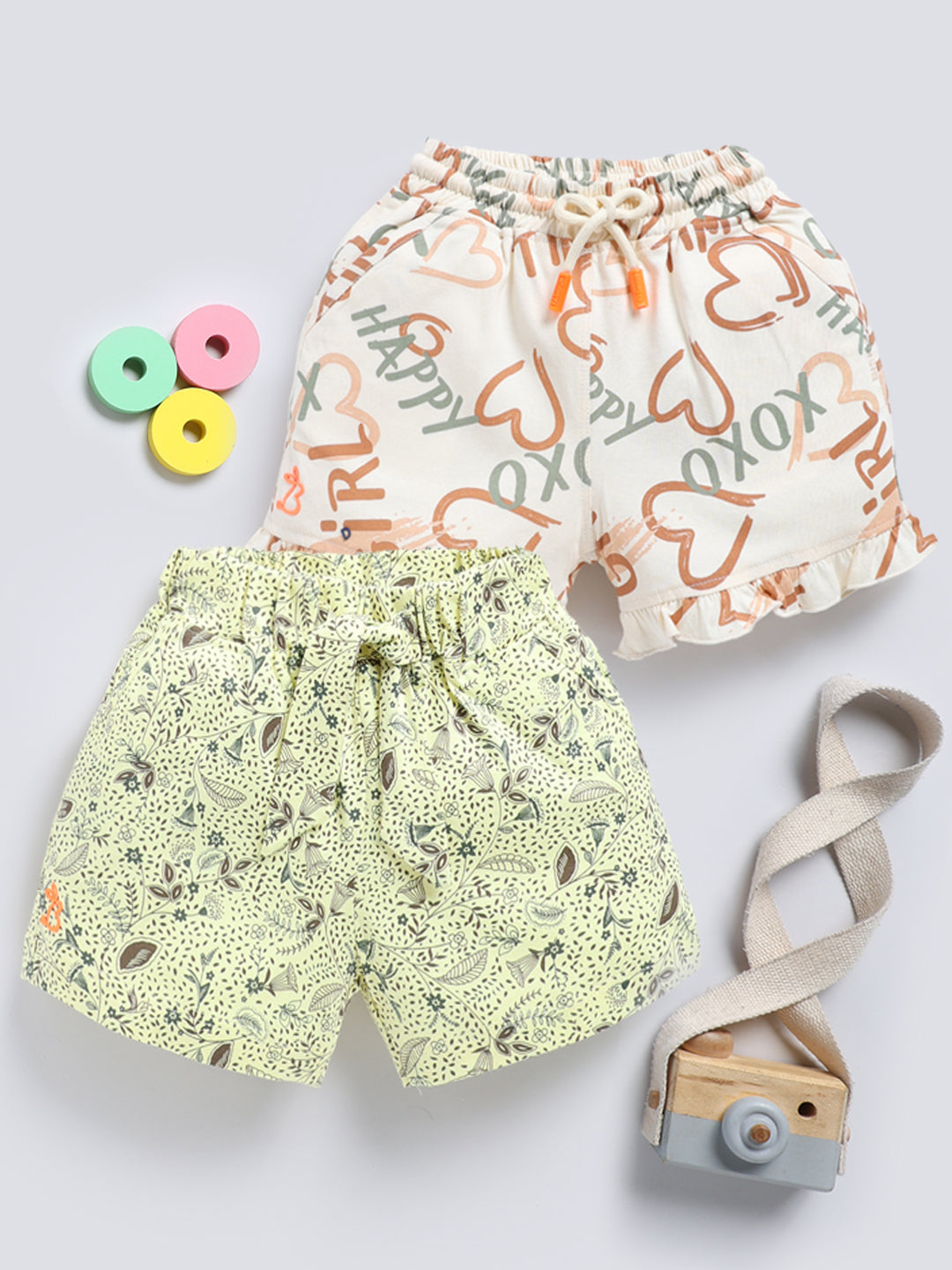Beige Brown & Lemon Printed Shorts for Girls by Biskid