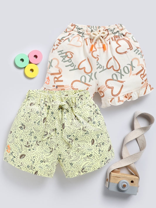 Beige Brown & Lemon Printed Shorts for Girls by Biskid