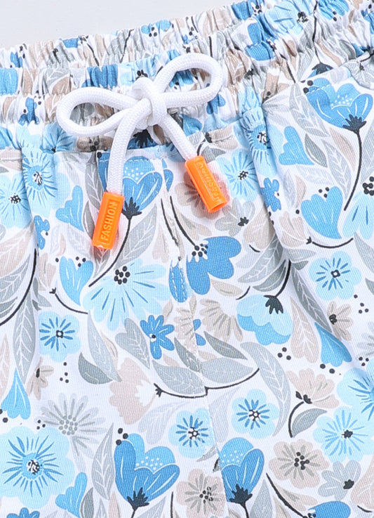 White&Blue Foral  Printed Shorts for Girls by Biskid