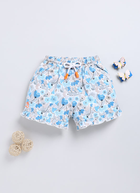 White&Blue Foral  Printed Shorts for Girls by Biskid
