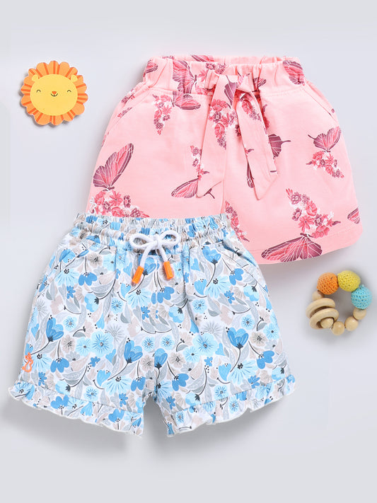 White Blue & Peach Printed Shorts for Girls by Biskid