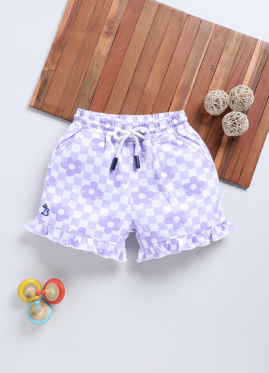 White&Lavender Foral  Checks Shorts for Girls by Biskid
