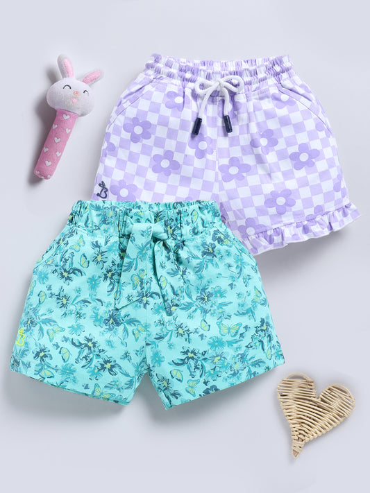 White Lavender & Sea Green Printed Shorts for Girls by Biskid
