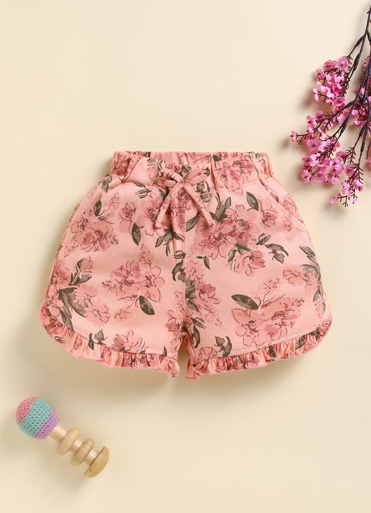 Peach Foral  Printed Shorts for Girls by Biskid