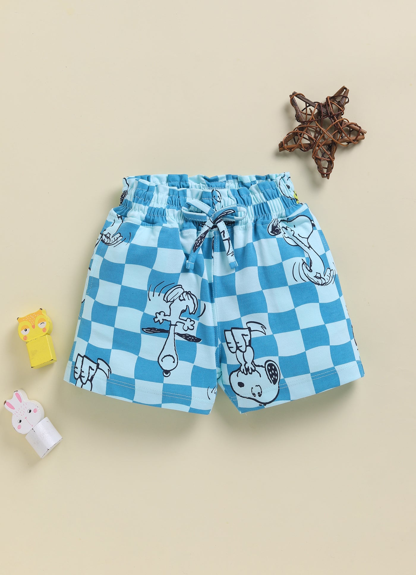 Biskid Girls Disney "Mickey & Friends" Pack of 2 Snoopy Blue Checkered and Mickey Mouse Lemon Yellow Tropical Printed Casual Shorts