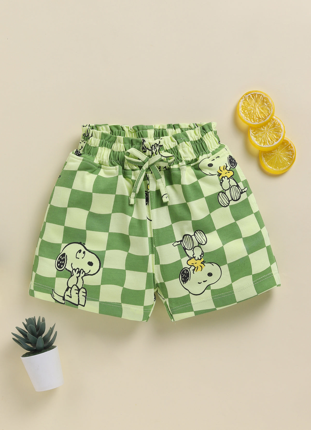 Biskid Girls Disney Green Checkered & Navy Blue Printed Casual Shorts , Pack of 2