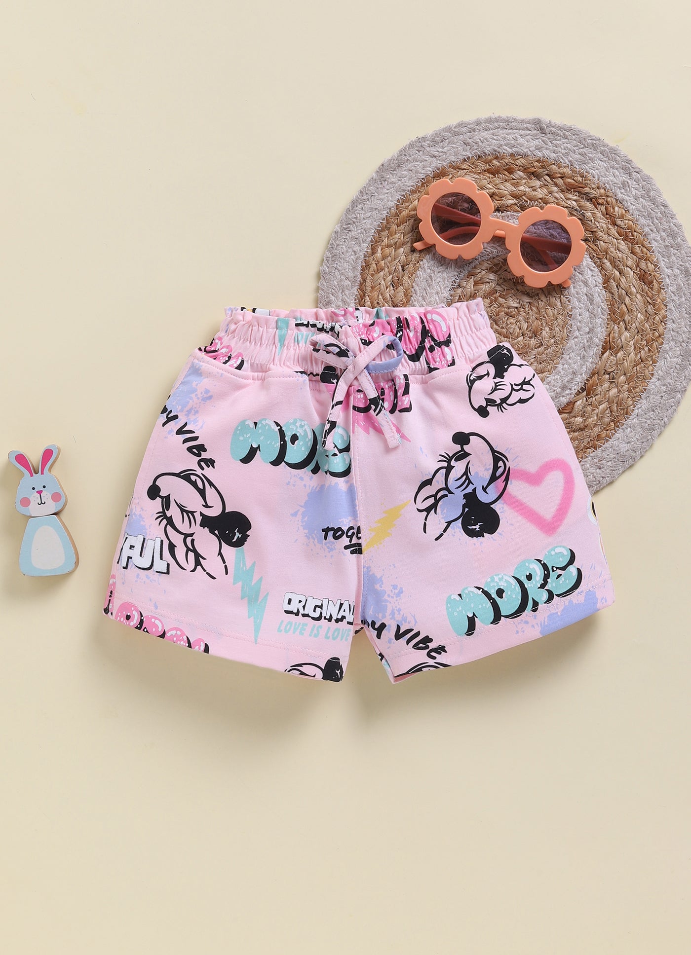 Biskid Girls Disney Minnie Mouse Pink Graffiti and Lavender Heart All-Over Print Casual Shorts Combo (Pack of 2)