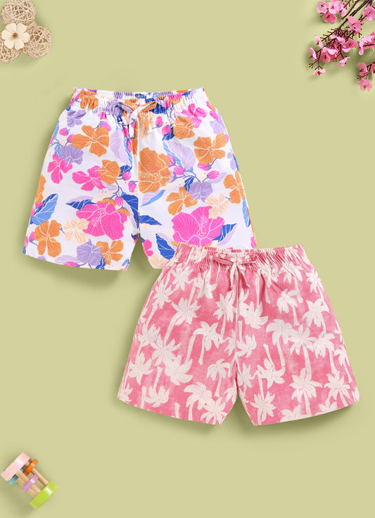 Biskid Girls Tropical Hibiscus Floral and Palm Tree Print Casual Cotton Shorts Combo (Pack of 2)