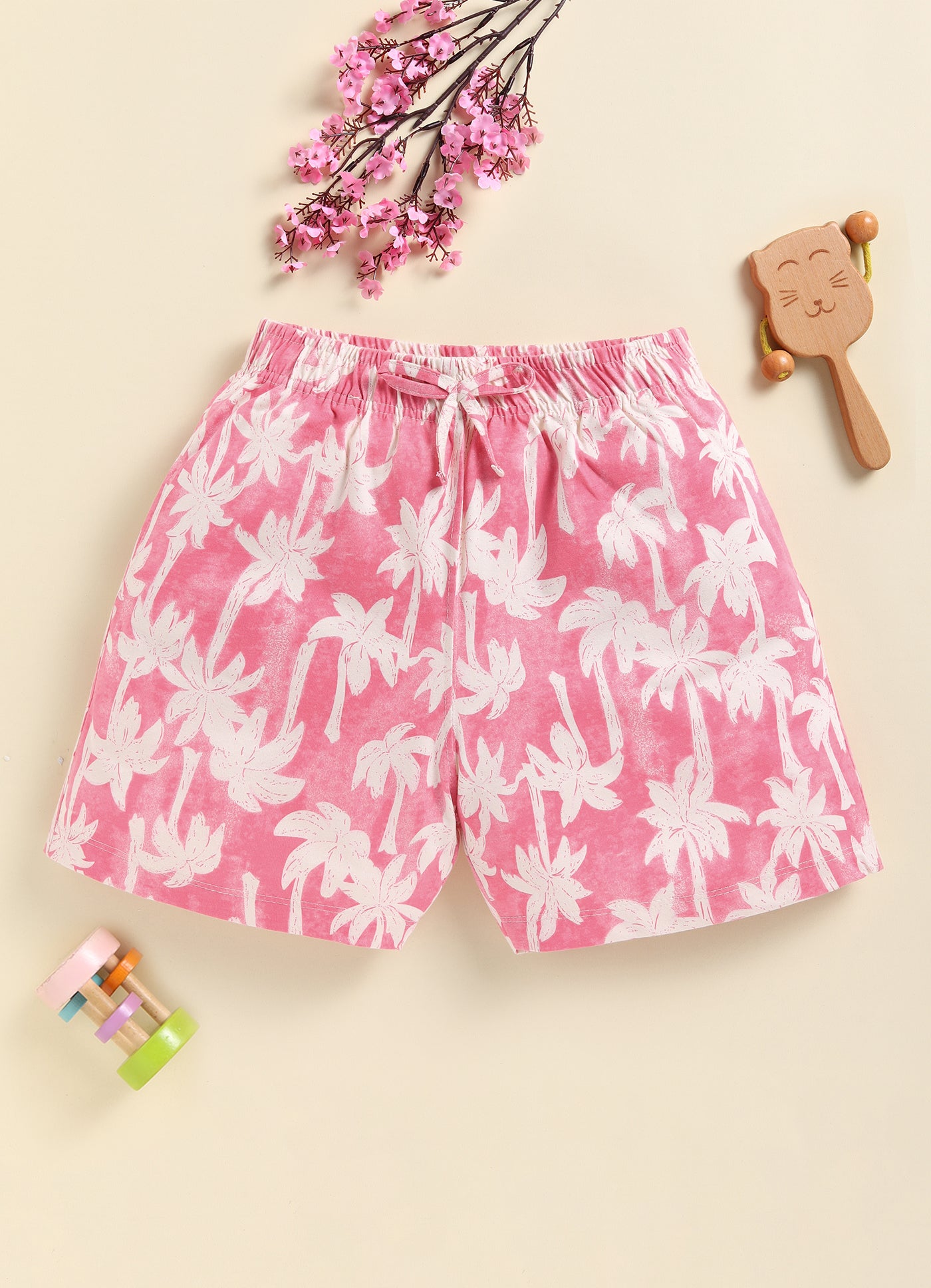 Biskid Girls Blue Leaf Print and Pink Palm Tree Tropical Casual Cotton Shorts Combo (Pack of 2)