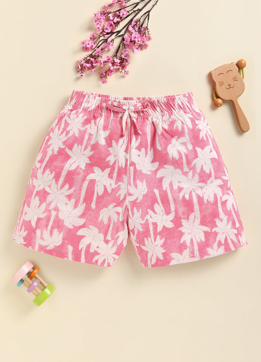 Biskid Girls Blue Leaf Print and Pink Palm Tree Tropical Casual Cotton Shorts Combo (Pack of 2)