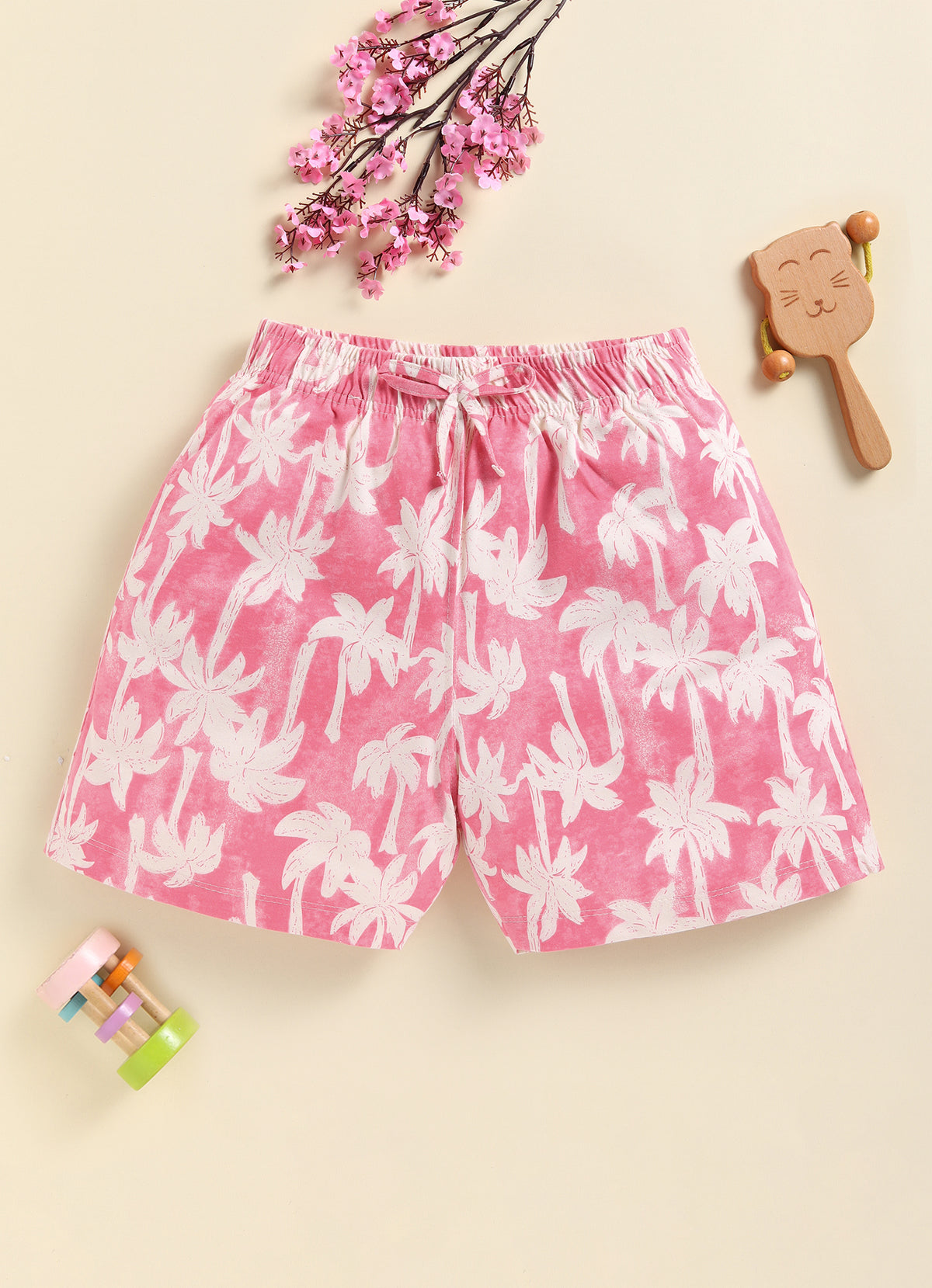 Biskid Girls Tropical Hibiscus Floral and Palm Tree Print Casual Cotton Shorts Combo (Pack of 2)