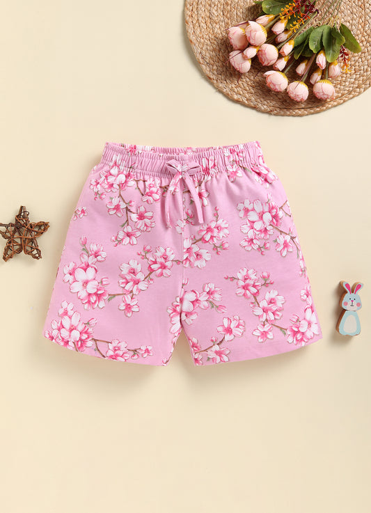 Biskid Girls Blue Leaf Print and Pink Cherry Blossom Floral Casual Cotton Shorts Combo (Pack of 2)