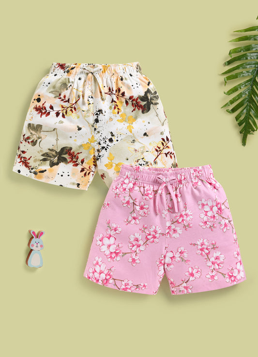 Biskid Girls Abstract Foliage and Pink Cherry Blossom Floral Casual Cotton Shorts Combo (Pack of 2)