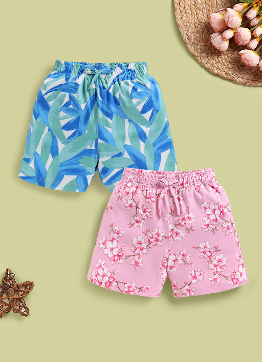 Biskid Girls Blue Leaf Print and Pink Cherry Blossom Floral Casual Cotton Shorts Combo (Pack of 2)