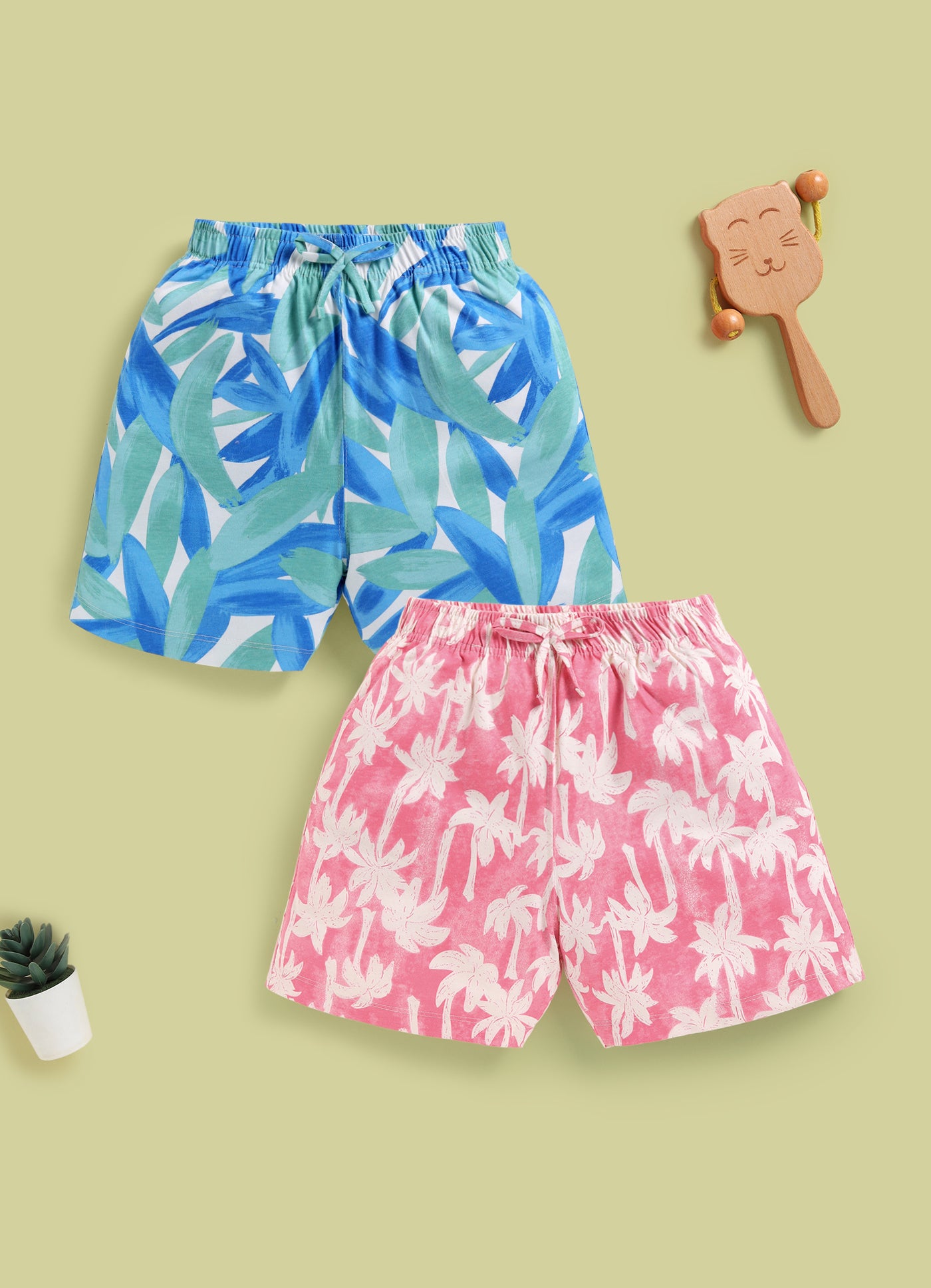 Biskid Girls Blue Leaf Print and Pink Palm Tree Tropical Casual Cotton Shorts Combo (Pack of 2)