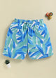 Biskid teal and blue abstract leaf print casual shorts for girls featuring an elasticated waistband with a functional drawstring tie.