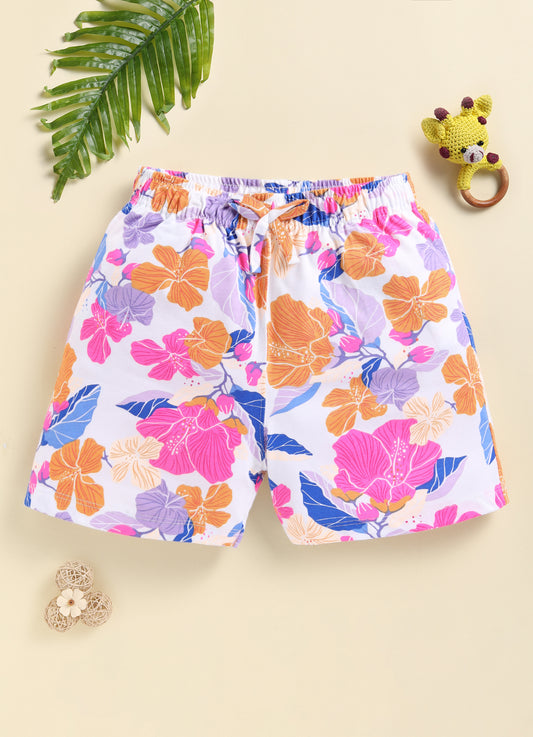 Biskid Girls Tropical Hibiscus Floral and Palm Tree Print Casual Cotton Shorts Combo (Pack of 2)